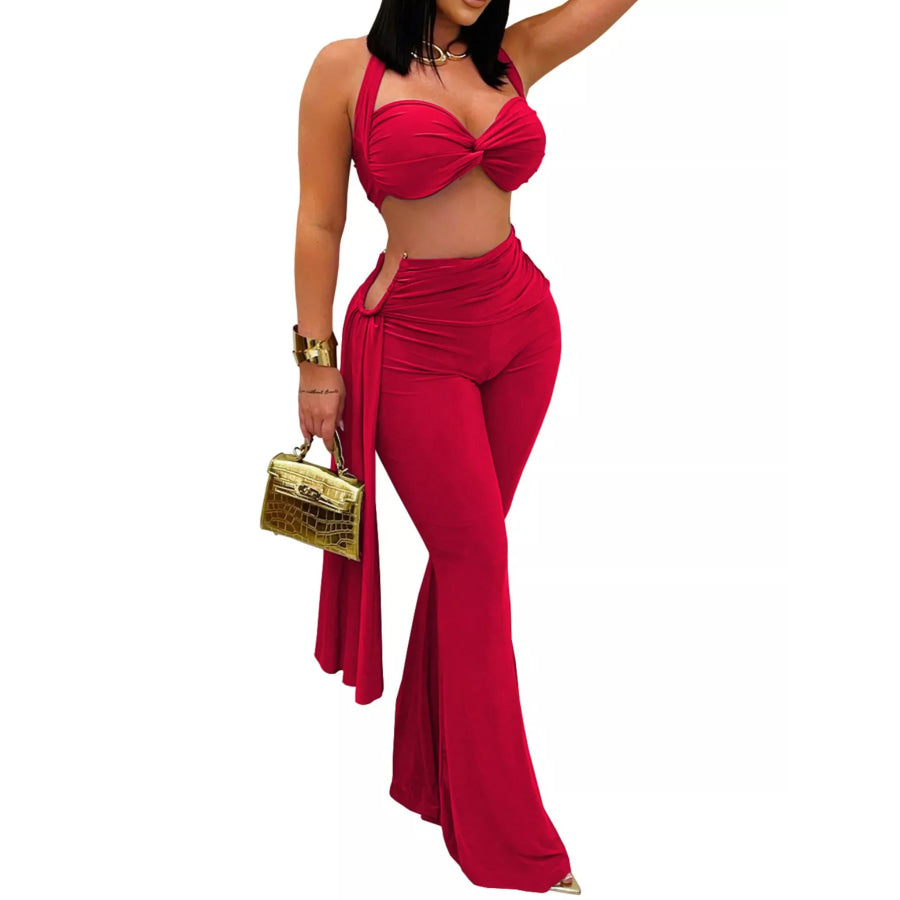 Halter Neck Top and Flare Pants Set Deep Red / S Apparel and Accessories