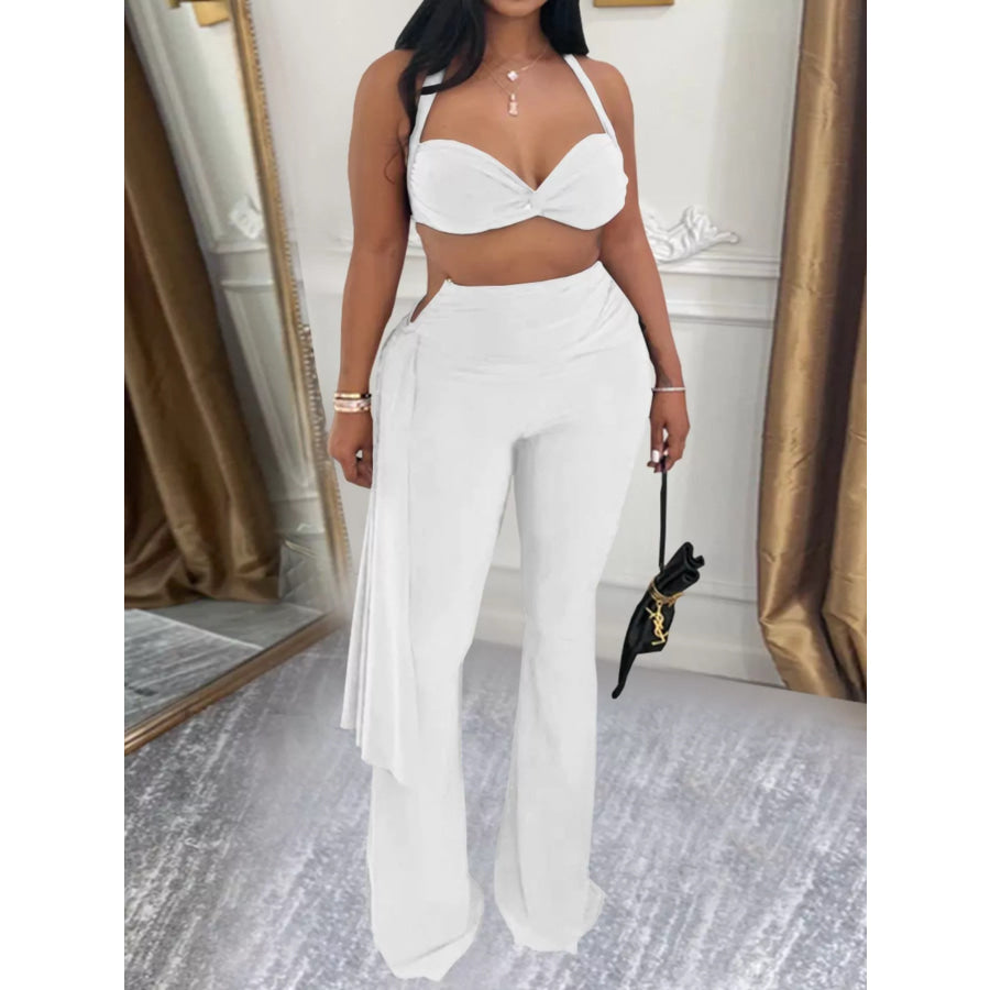 Halter Neck Top and Flare Pants Set White / S Apparel and Accessories