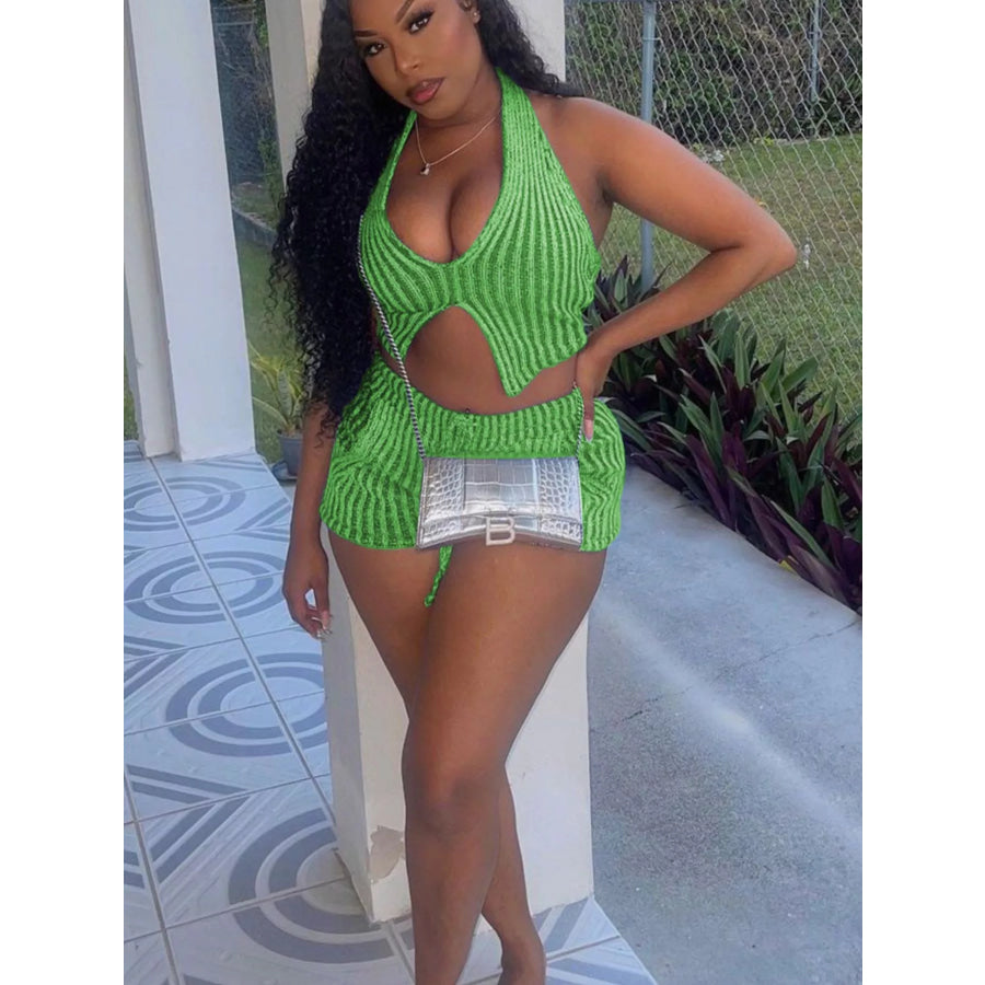 Halter Neck Top and Shorts Sweater Set Green / S Apparel and Accessories