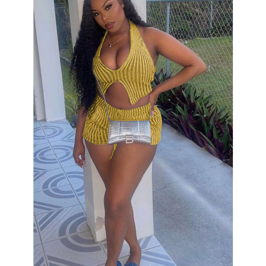 Halter Neck Top and Shorts Sweater Set Yellow / S Apparel and Accessories