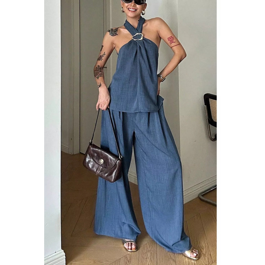 Halter Neck Top and Wide-Leg Pants Set Apparel and Accessories