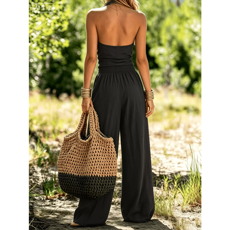 Halter Neck Top and Wide Leg Pants Set Apparel Accessories
