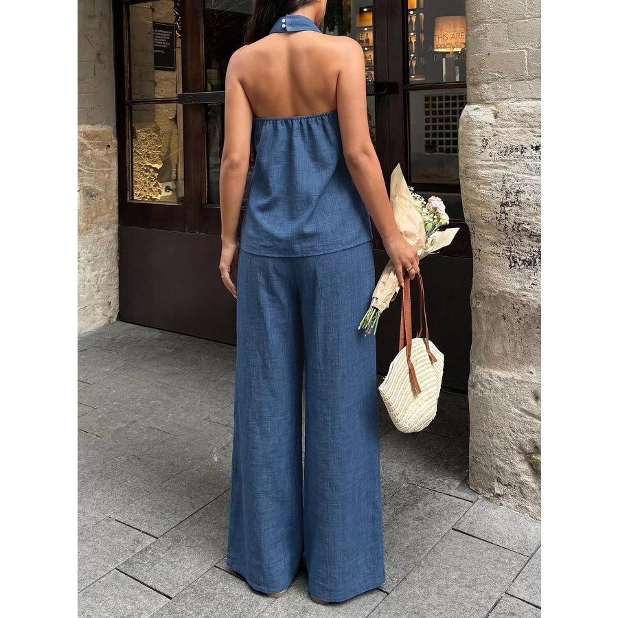 Halter Neck Top and Wide-Leg Pants Set Apparel and Accessories
