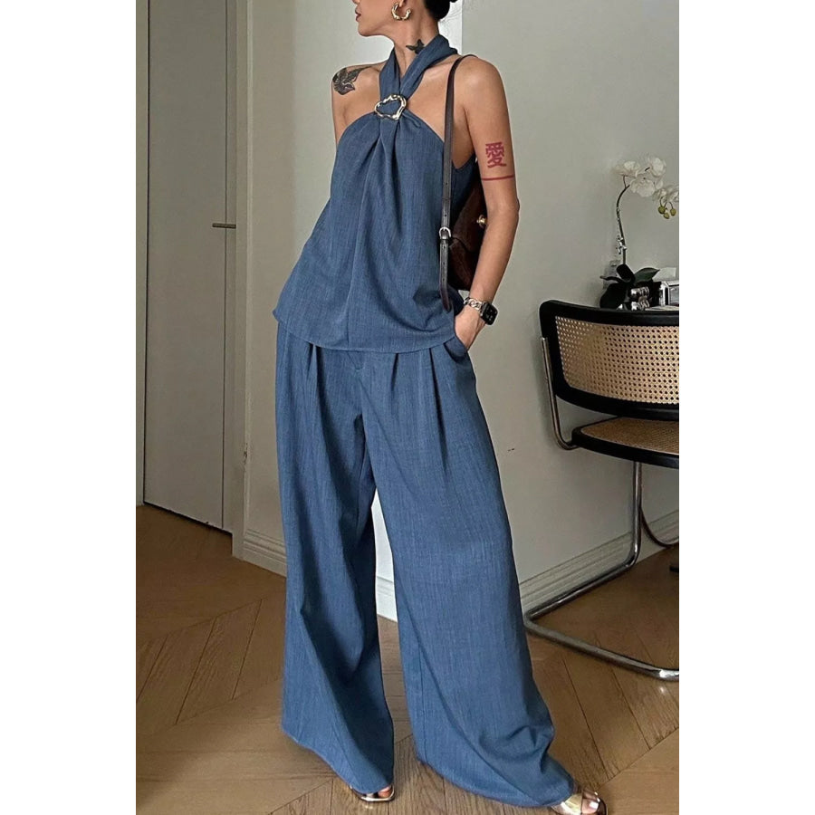 Halter Neck Top and Wide-Leg Pants Set Apparel and Accessories