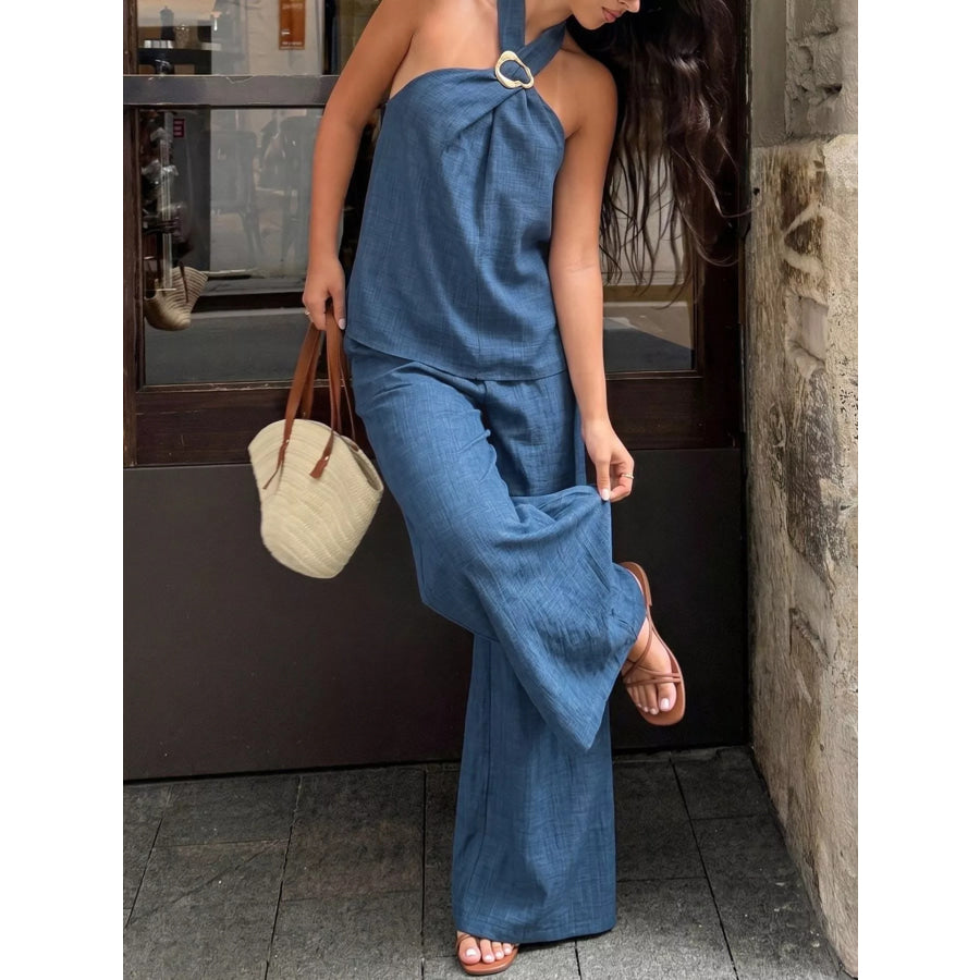 Halter Neck Top and Wide-Leg Pants Set Apparel and Accessories