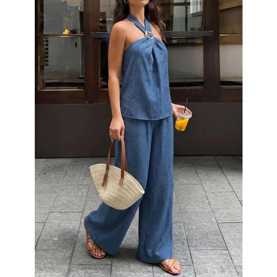 Halter Neck Top and Wide-Leg Pants Set Apparel and Accessories