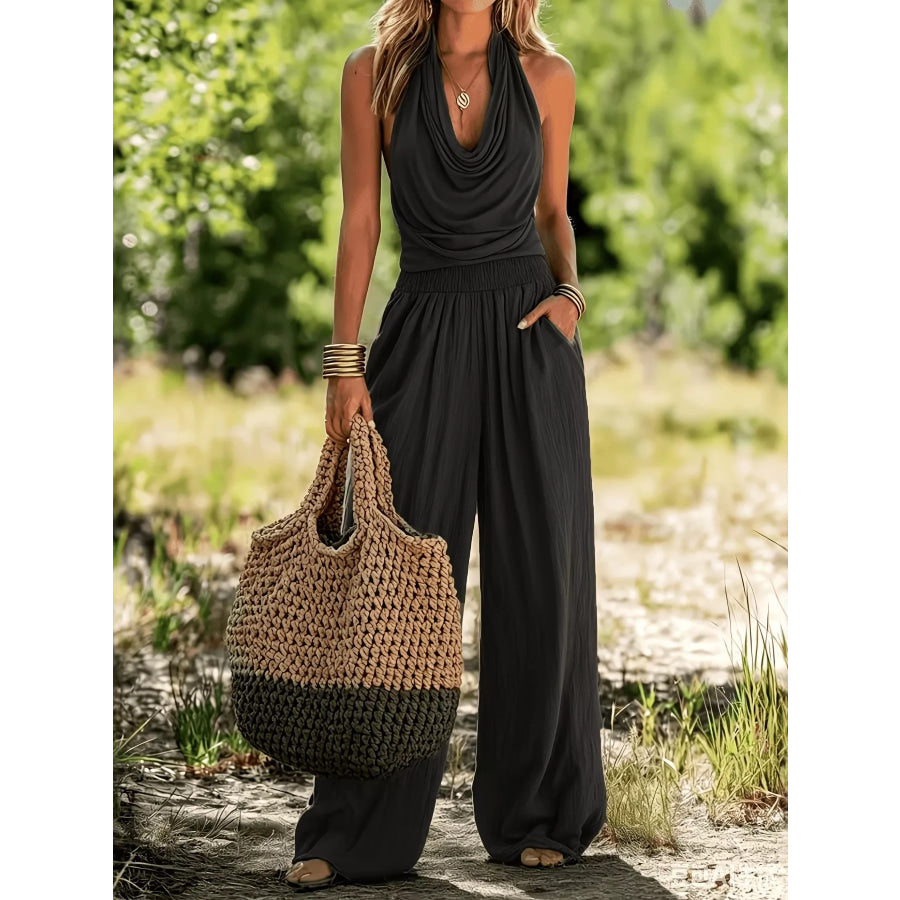 Halter Neck Top and Wide Leg Pants Set Black / S Apparel Accessories