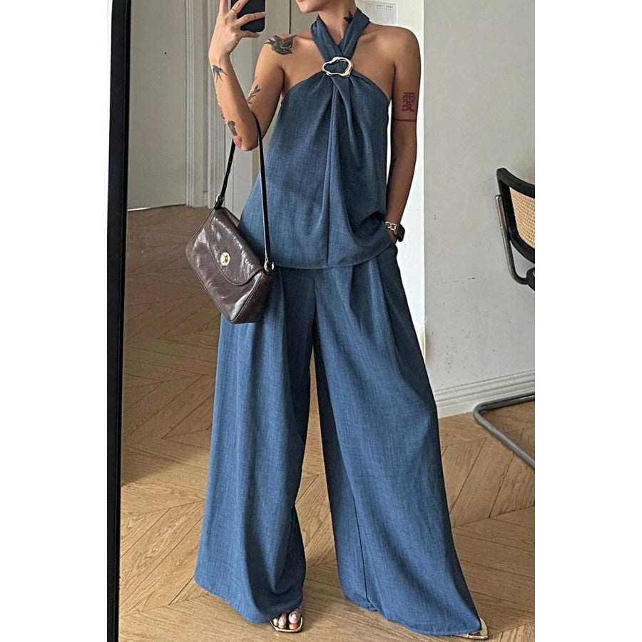 Halter Neck Top and Wide-Leg Pants Set Dusty Blue / S Apparel and Accessories