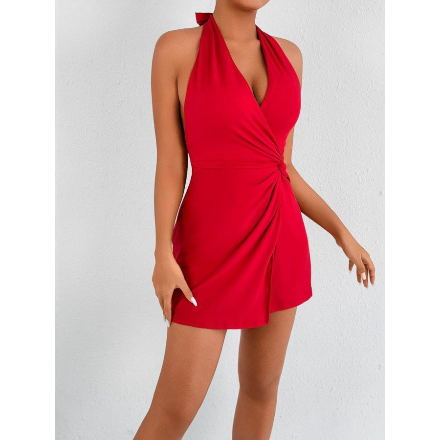 Halter Neck Twist Front Mini Dress Deep Red / XS Apparel and Accessories