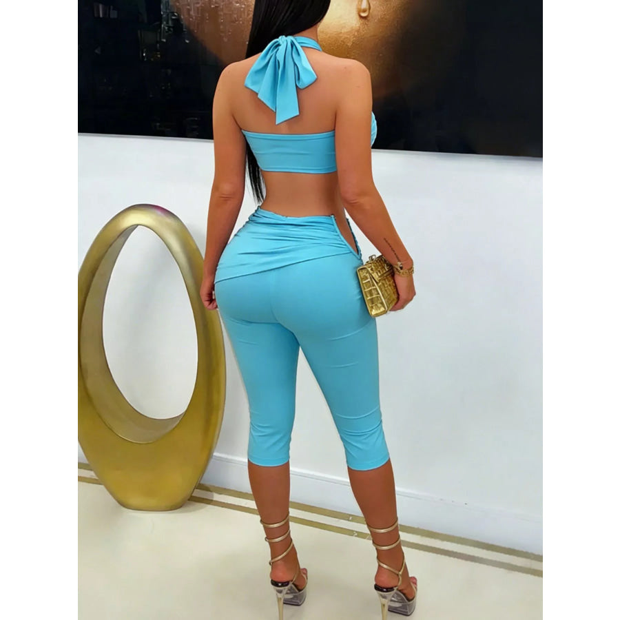 Halter Neck Twist Top and High-Waisted Ruched Capris Set Pastel Blue / S Apparel Accessories