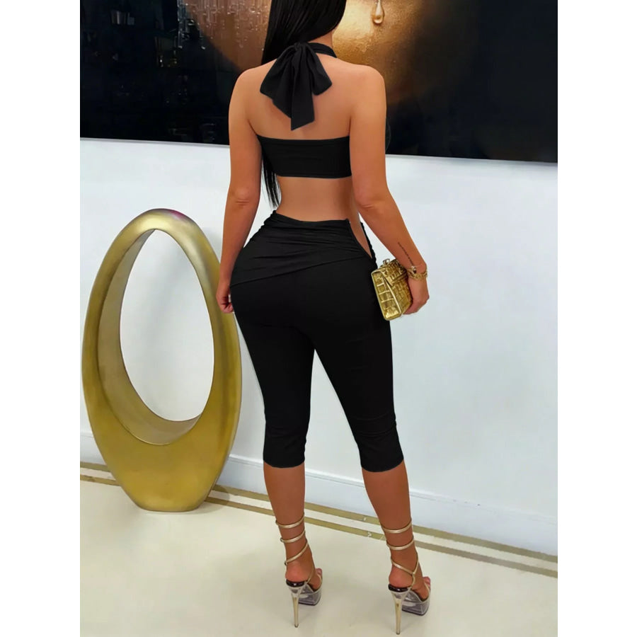 Halter Neck Twist Top and High-Waisted Ruched Capris Set Apparel Accessories