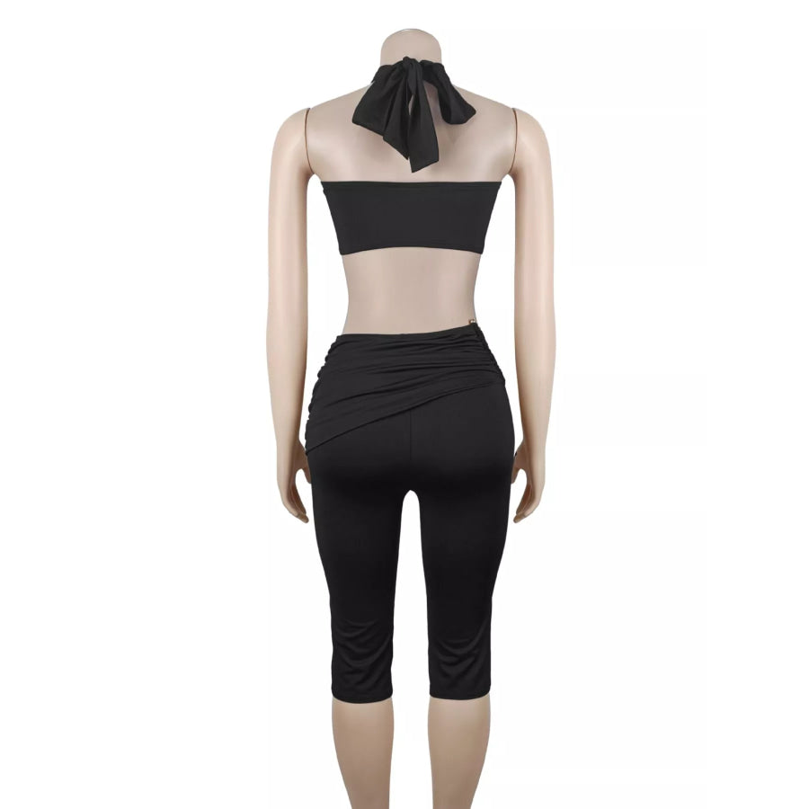 Halter Neck Twist Top and High-Waisted Ruched Capris Set Apparel Accessories