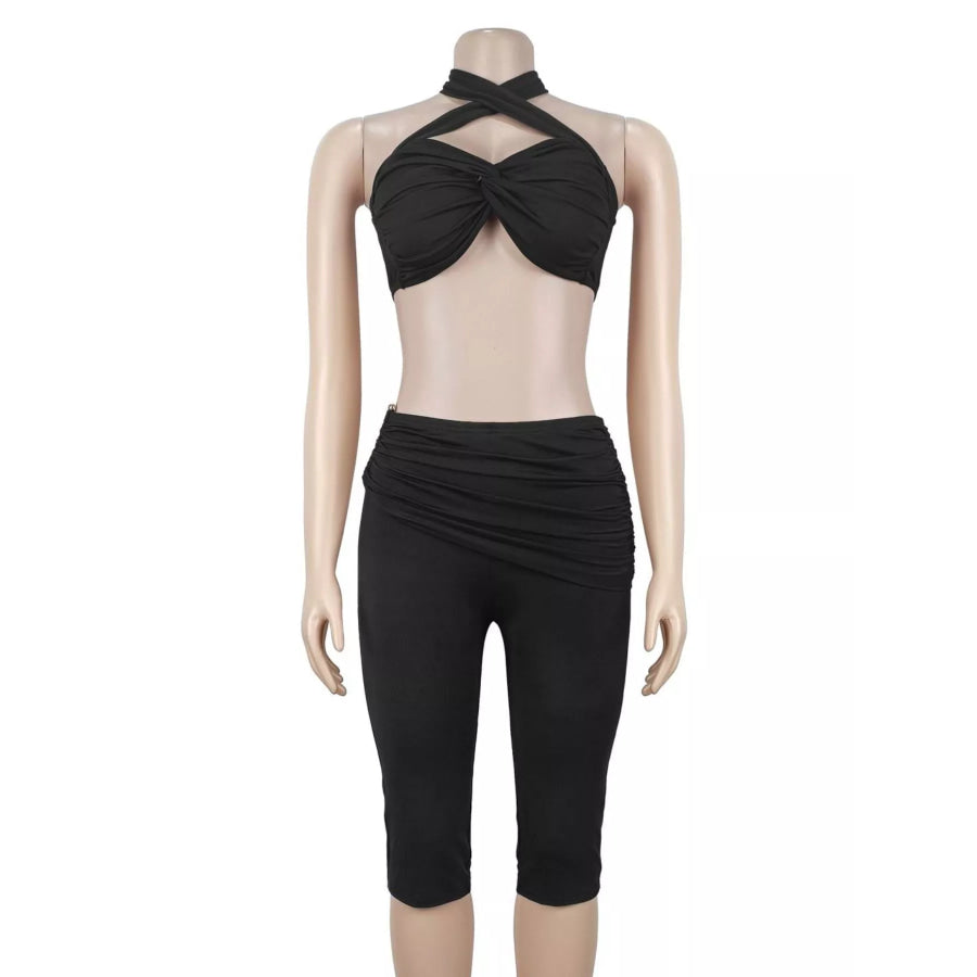 Halter Neck Twist Top and High-Waisted Ruched Capris Set Apparel Accessories