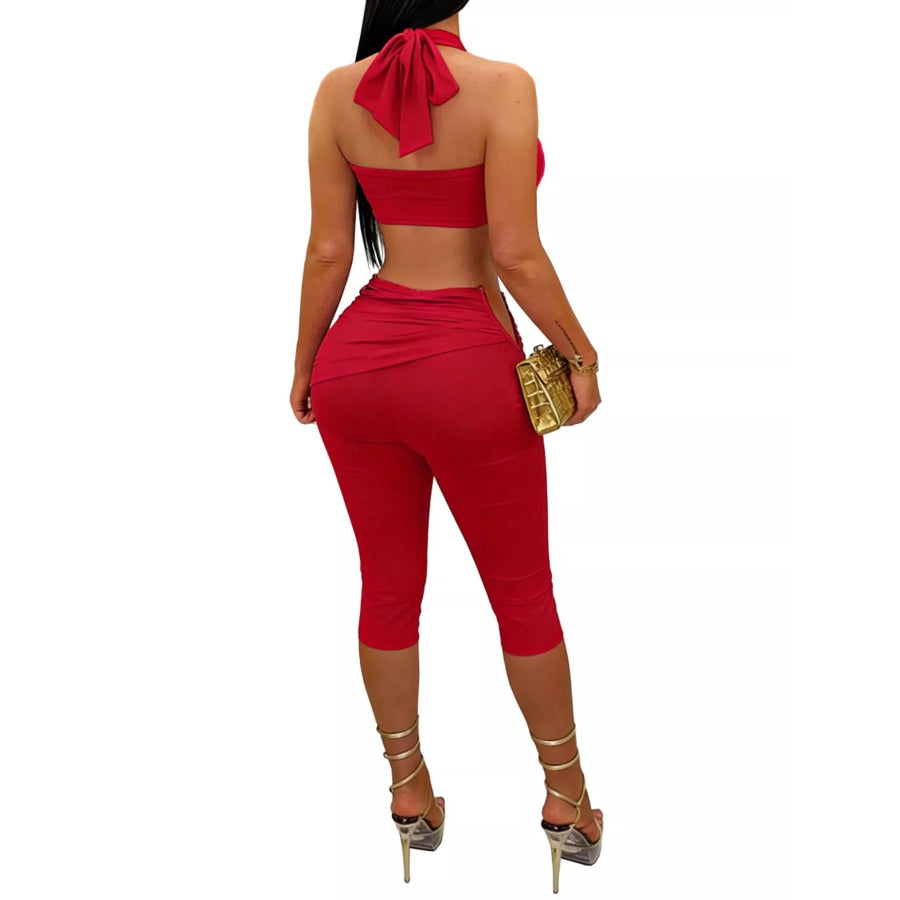 Halter Neck Twist Top and High-Waisted Ruched Capris Set Apparel Accessories