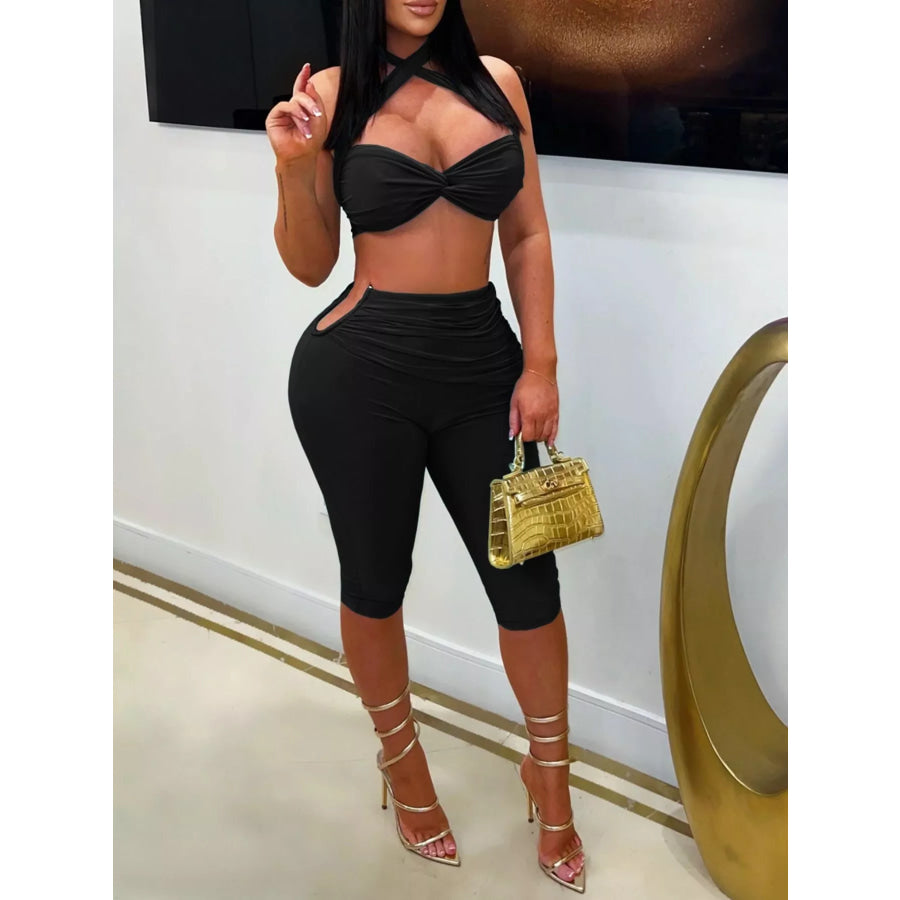 Halter Neck Twist Top and High-Waisted Ruched Capris Set Black / S Apparel Accessories