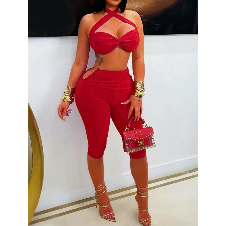 Halter Neck Twist Top and High-Waisted Ruched Capris Set Deep Red / S Apparel Accessories