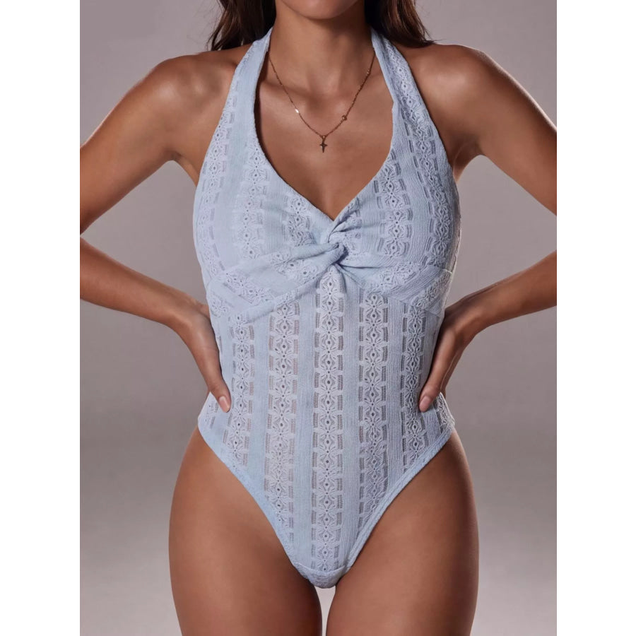 Halter Neck Twisted Front Bodysuit Light Blue / S Apparel and Accessories
