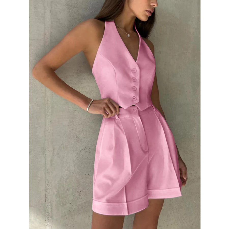 Halter Neck Vest and Shorts Set Pink / S Apparel and Accessories
