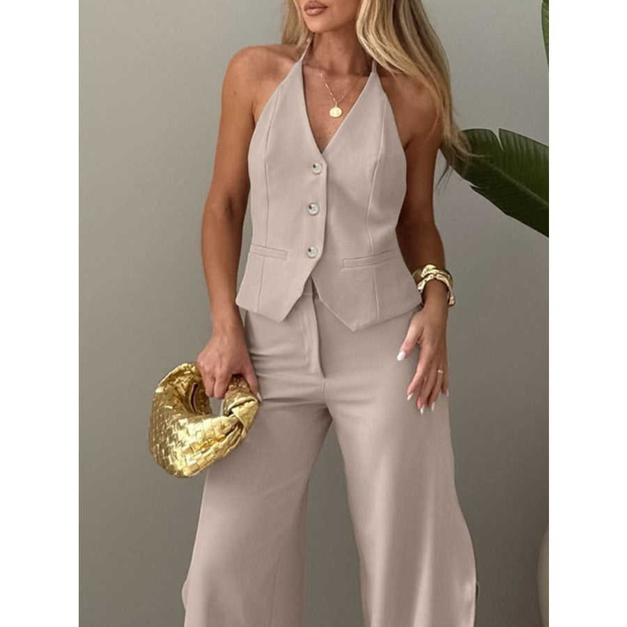 Halter Neck Vest & Wide Leg Pants Set Apparel and Accessories