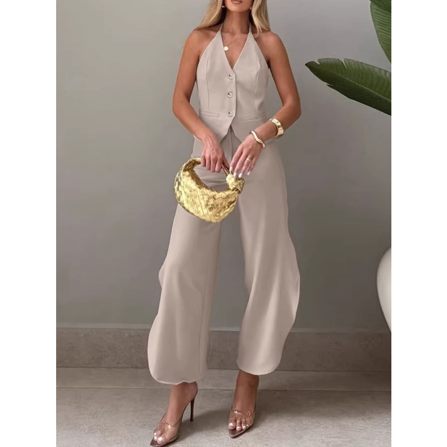 Halter Neck Vest & Wide Leg Pants Set Apparel and Accessories