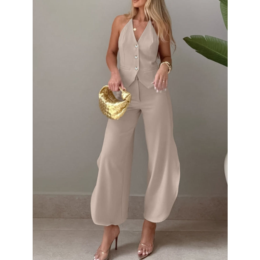 Halter Neck Vest & Wide Leg Pants Set Apparel and Accessories