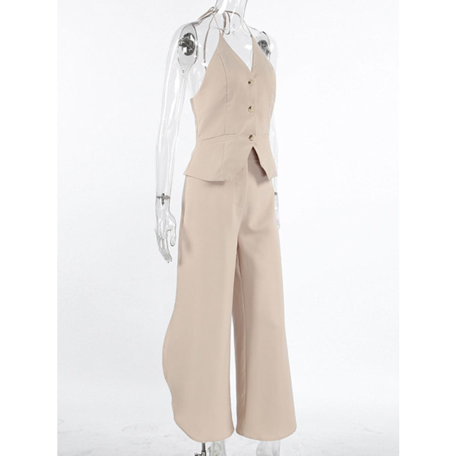 Halter Neck Vest & Wide Leg Pants Set Apparel and Accessories