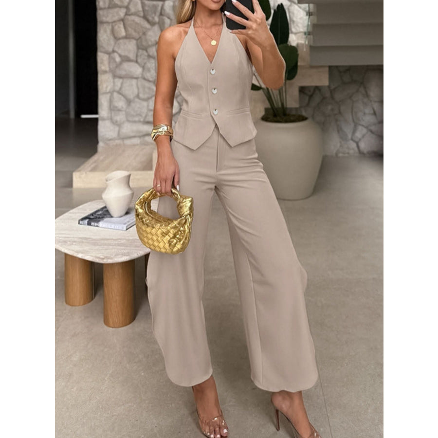 Halter Neck Vest & Wide Leg Pants Set Khaki / S Apparel and Accessories