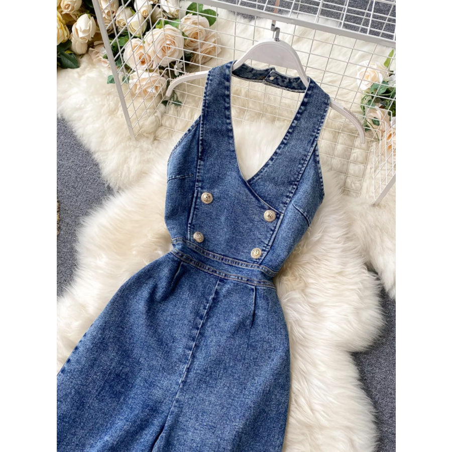 Halter Neck Wide Leg Denim Jumpsuit Apparel and Accessories