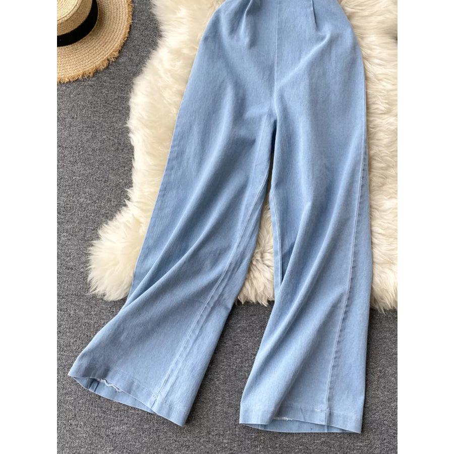 Halter Neck Wide Leg Denim Jumpsuit Apparel and Accessories