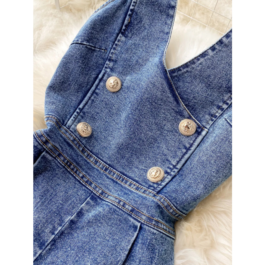 Halter Neck Wide Leg Denim Jumpsuit Apparel and Accessories
