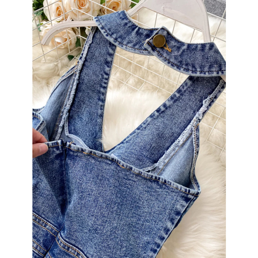 Halter Neck Wide Leg Denim Jumpsuit Apparel and Accessories