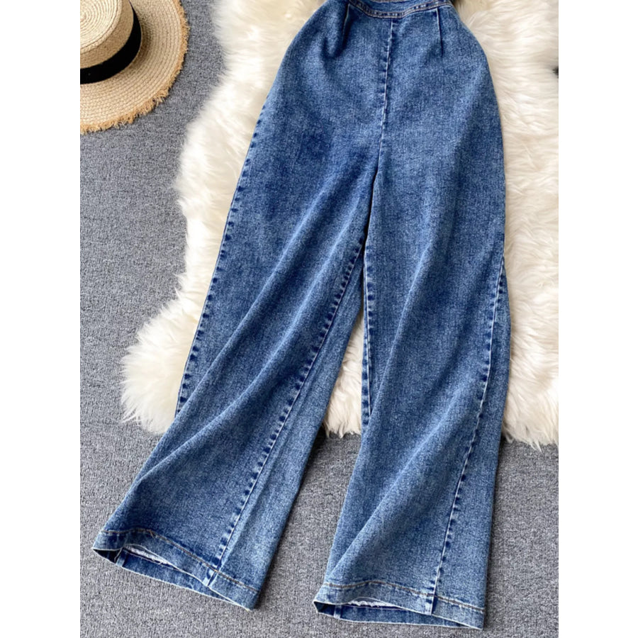 Halter Neck Wide Leg Denim Jumpsuit Apparel and Accessories