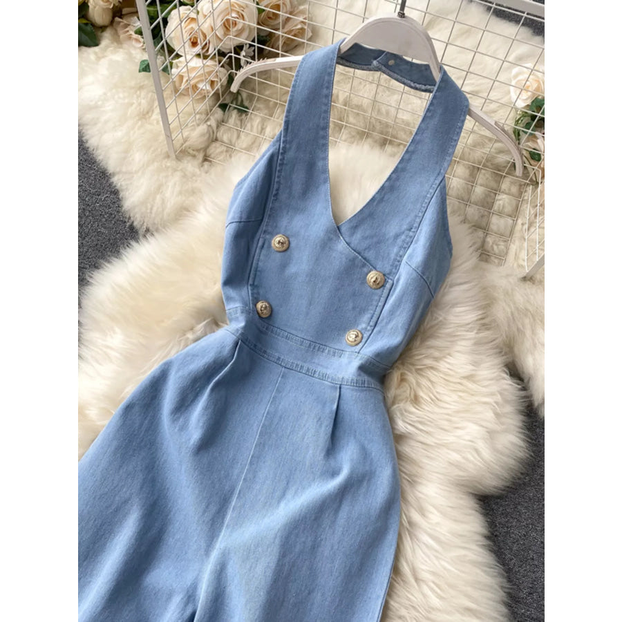 Halter Neck Wide Leg Denim Jumpsuit Apparel and Accessories