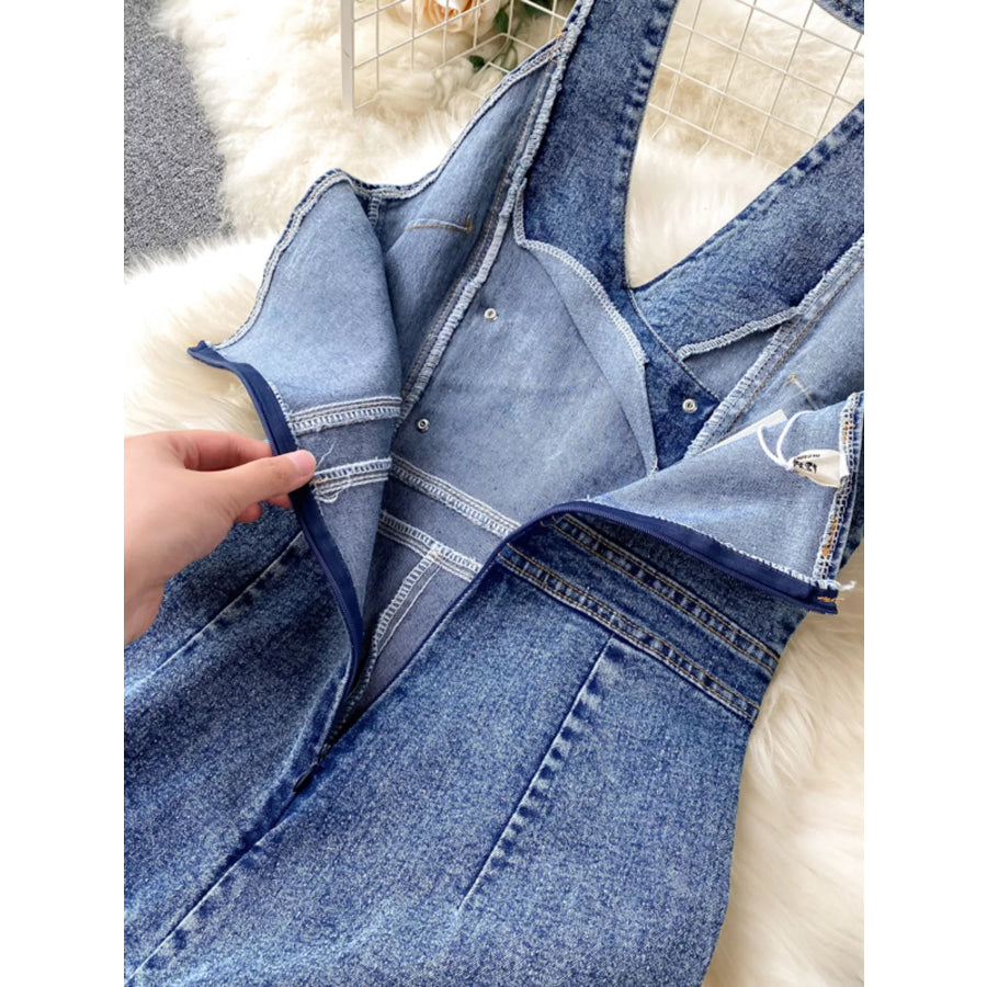 Halter Neck Wide Leg Denim Jumpsuit Apparel and Accessories