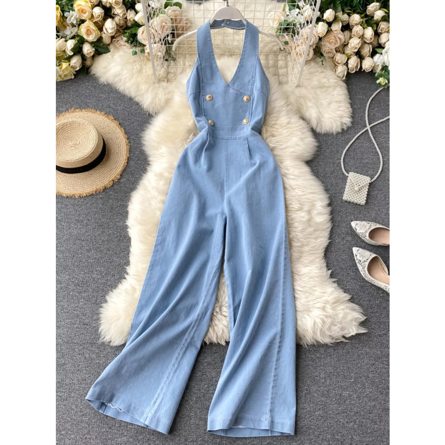 Halter Neck Wide Leg Denim Jumpsuit Apparel and Accessories