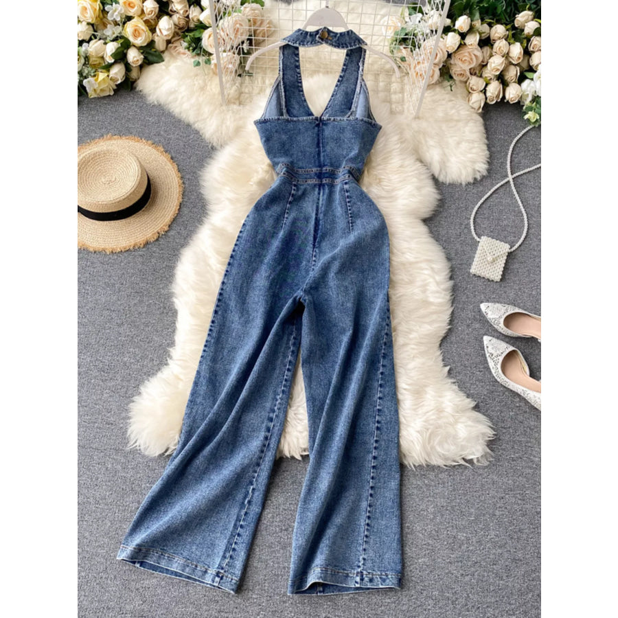 Halter Neck Wide Leg Denim Jumpsuit Apparel and Accessories