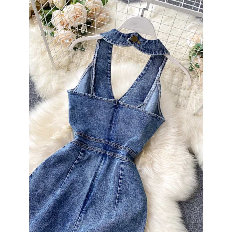 Halter Neck Wide Leg Denim Jumpsuit Apparel and Accessories