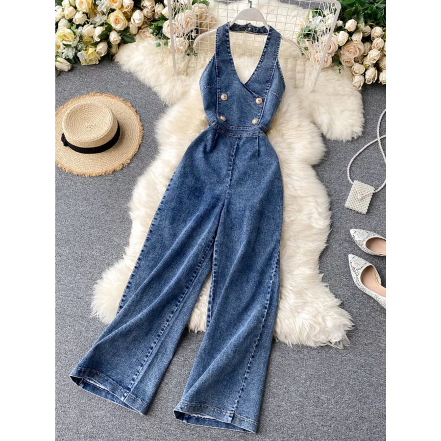 Halter Neck Wide Leg Denim Jumpsuit Blue / S Apparel and Accessories