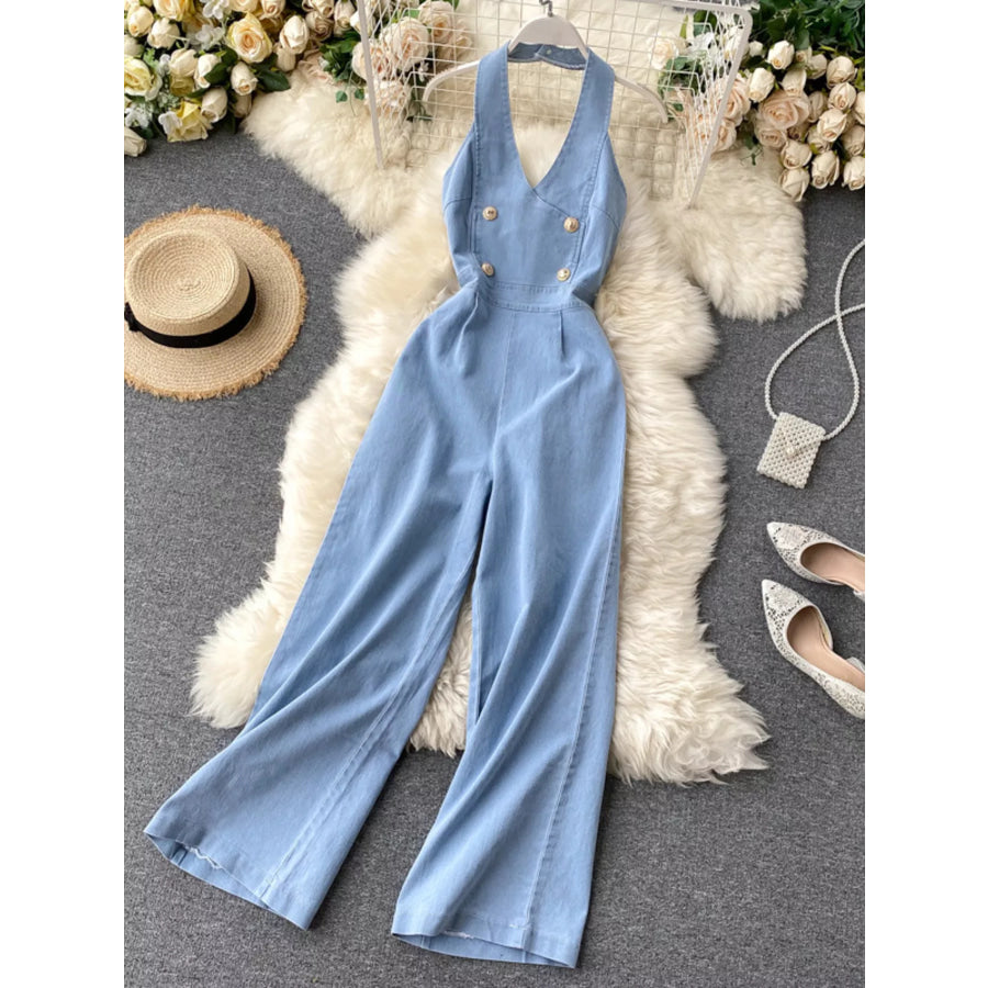 Halter Neck Wide Leg Denim Jumpsuit Light Blue / S Apparel and Accessories