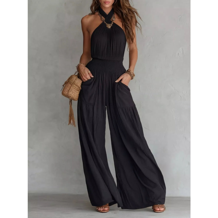Halter Neck Wide-Leg Jumpsuit Black / S Apparel and Accessories