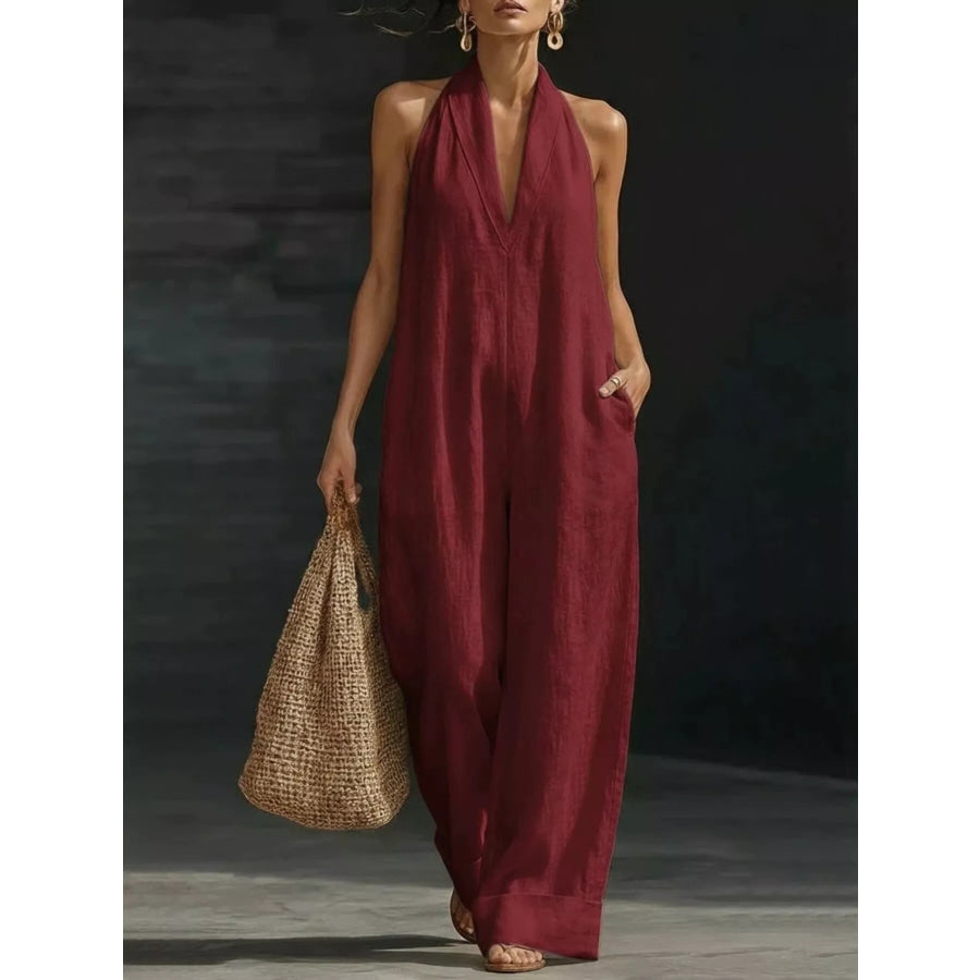 Halter Neck Wide-Leg Jumpsuit Burgundy / S Apparel and Accessories
