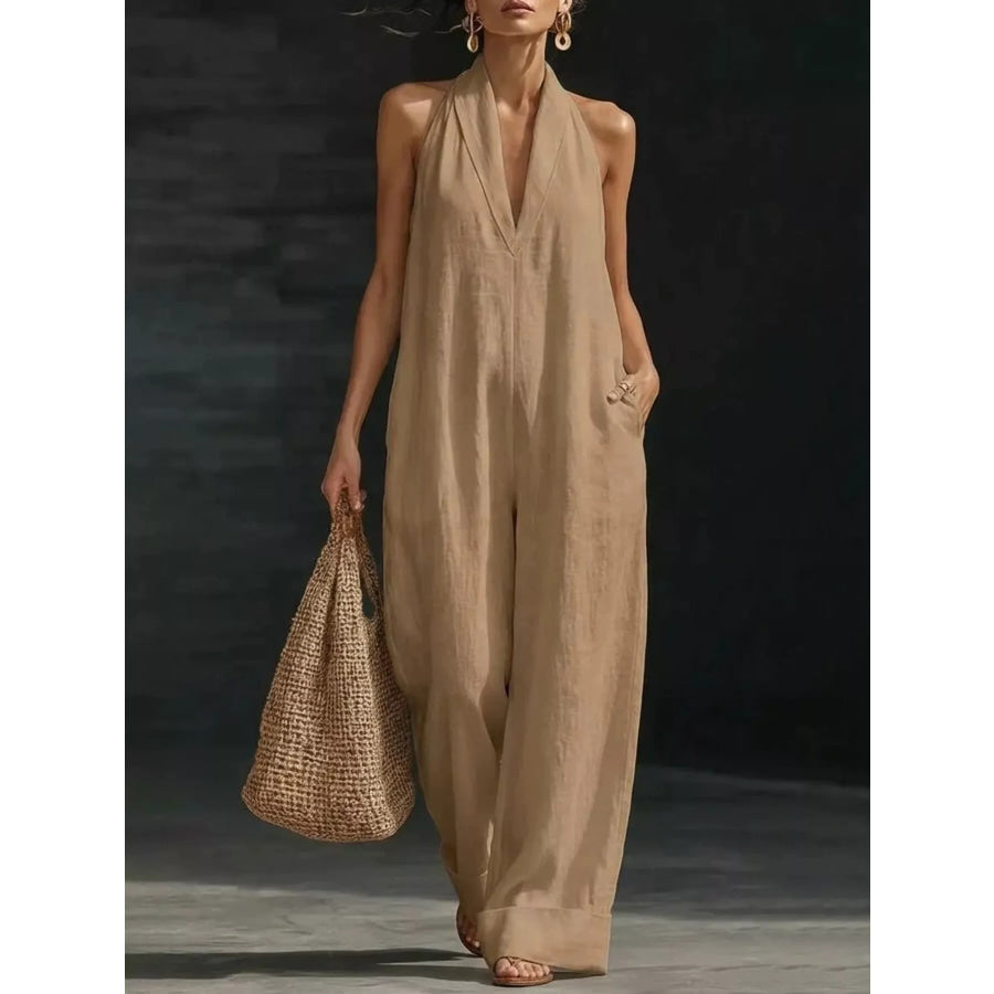 Halter Neck Wide-Leg Jumpsuit Camel / S Apparel and Accessories