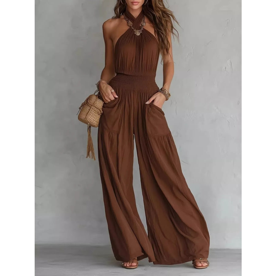 Halter Neck Wide-Leg Jumpsuit Dark Brown / S Apparel and Accessories