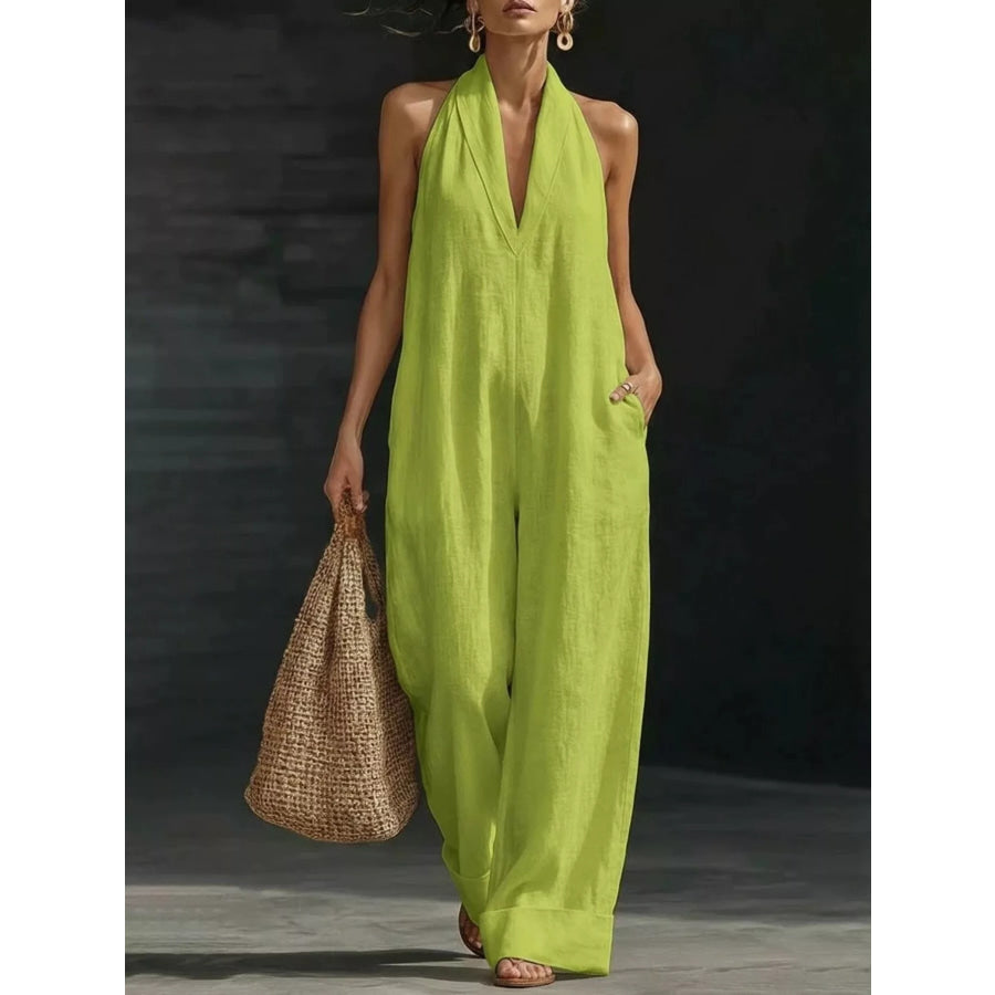 Halter Neck Wide-Leg Jumpsuit Grass Green / S Apparel and Accessories