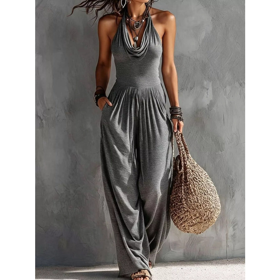 Halter Neck Wide-Leg Jumpsuit Gray / S Apparel and Accessories