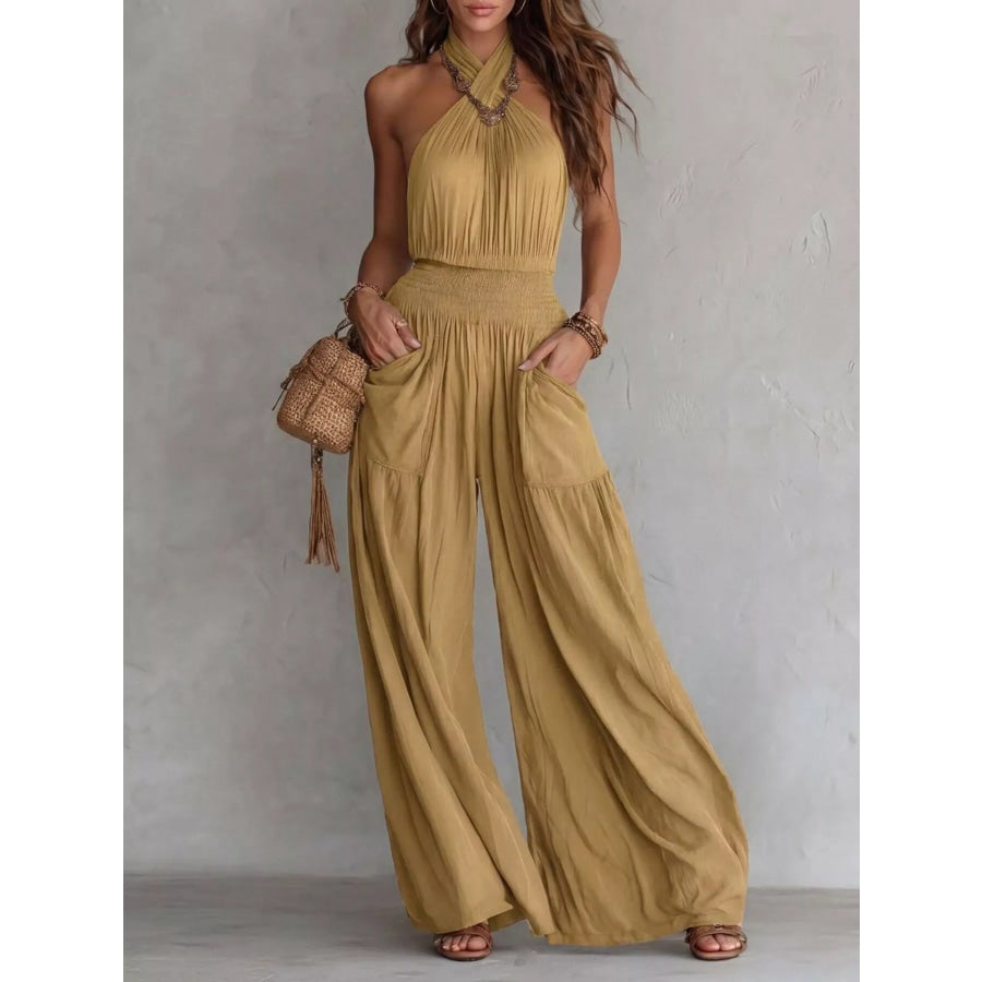 Halter Neck Wide-Leg Jumpsuit Khaki / S Apparel and Accessories