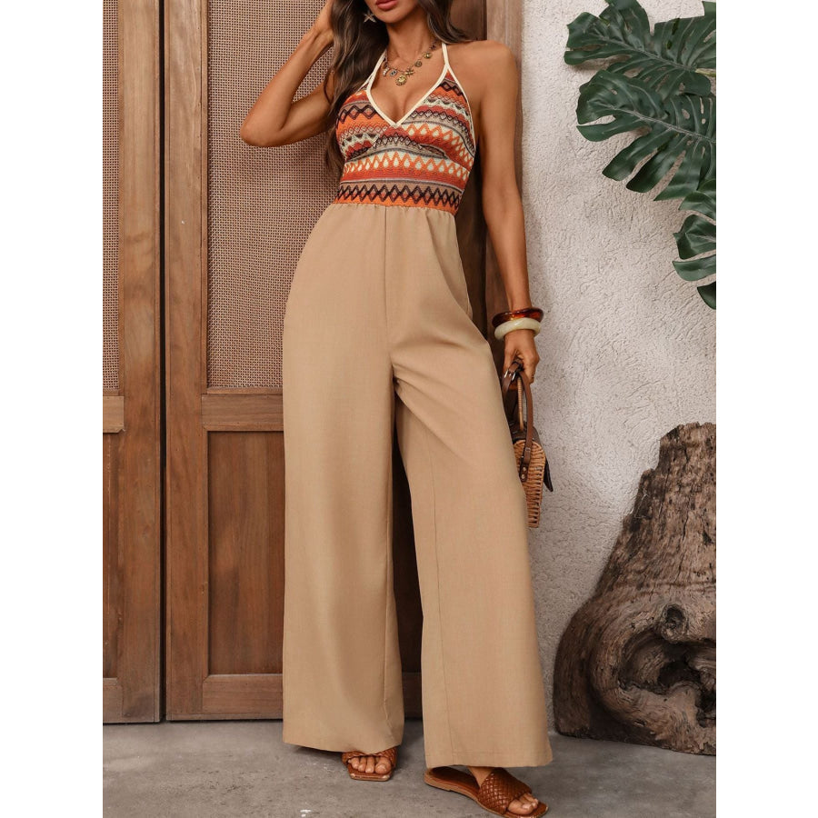 Halter Neck Wide Leg Jumpsuit Khaki / S Apparel and Accessories