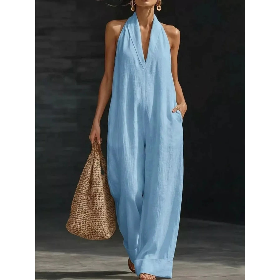 Halter Neck Wide-Leg Jumpsuit Sky Blue / S Apparel and Accessories