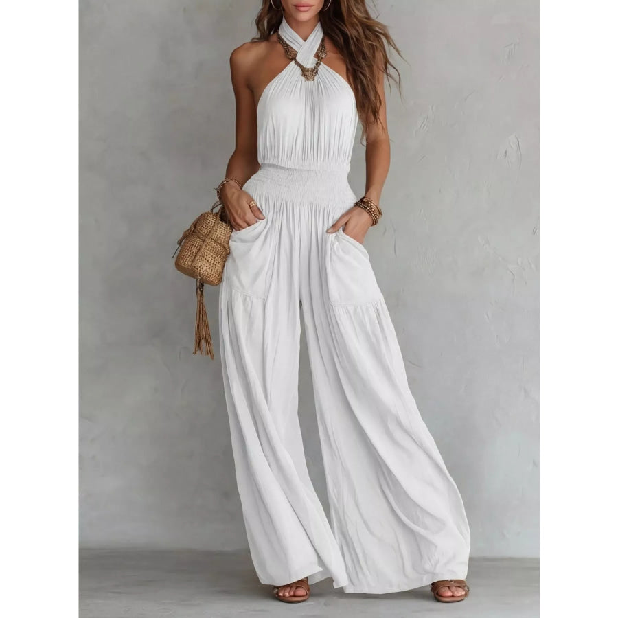 Halter Neck Wide-Leg Jumpsuit White / S Apparel and Accessories