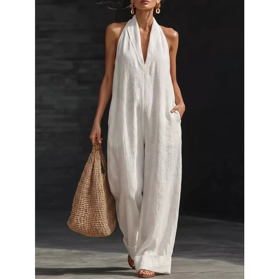 Halter Neck Wide-Leg Jumpsuit White / S Apparel and Accessories